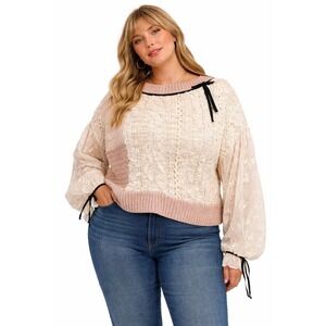 Anthropologie Womens  Sweater Lace Cable Twofer Lace Cream Cropped Tan Bow 2x